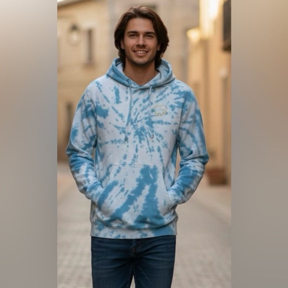 Ivory Ella Blue White Tie Dye Elephant UNISEX Hoodie Sweatshirt, Size Medium
